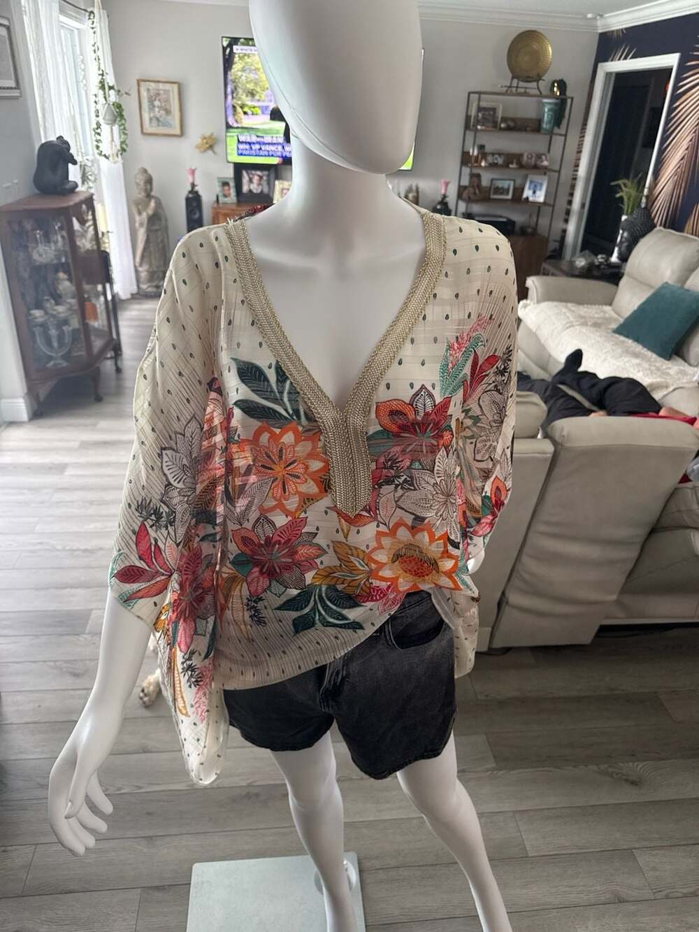Troiska Made in France Floral Print Kaftan Tunic Top with Gold Trim